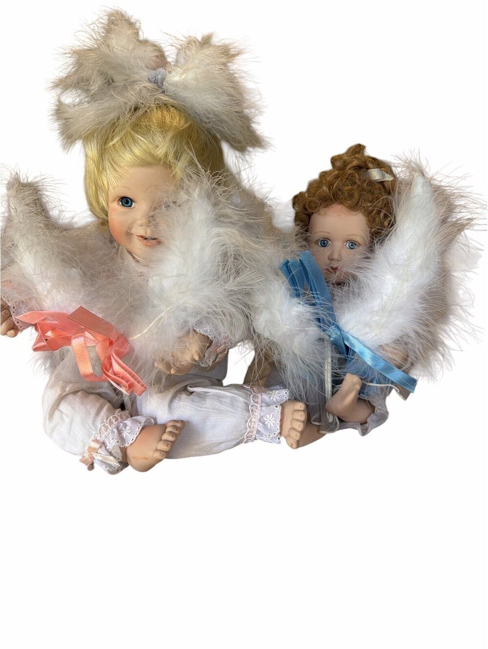 Vintage Angel Dolls with White Feathers and Pink/Blue Ribbons porcelain doll